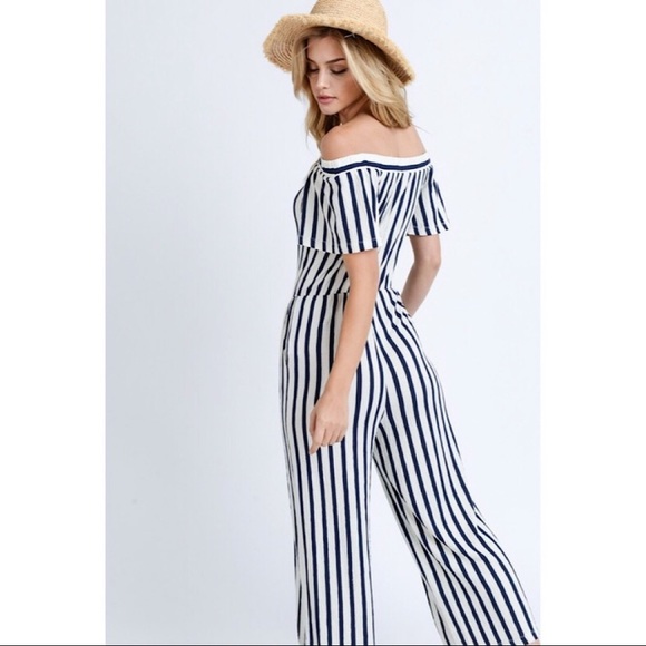 Navy & White Striped Off Shoulder Jumpsuit S M L - Picture 4 of 8